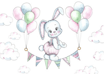 Obraz na płótnie Canvas Happy Birthday watercolor baby shower cards compositions with cute animals, toys, cars, blocks, balloons for kids, shirt design, nursery decor, party invitations, scrapbooking, packaging, posters