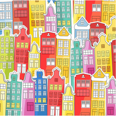Background of bright, colored houses. Vector illustration in a flat style. Suitable for cover of books, notebooks, covers. For fabrics and souvenirs