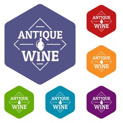 Antique wine icons vector colorful hexahedron set collection isolated on white 