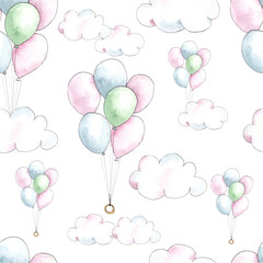 Happy Birthday watercolor seamless patterns with cute animals, toys, cars, blocks, balloons for kids, baby shirt design, nursery decor, card making, party invitations, scrapbooking, packaging, posters