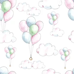 Wall murals Animals with balloon Happy Birthday watercolor seamless patterns with cute animals, toys, cars, blocks, balloons for kids, baby shirt design, nursery decor, card making, party invitations, scrapbooking, packaging, posters