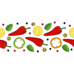 seamless border. yellow lemons, red chilli peppers and leaves. endless ornament. hand drawn. horisontal. vector illustration.