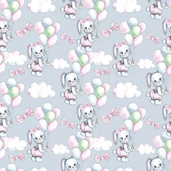 Wall murals Animals with balloon Happy Birthday watercolor seamless patterns with cute animals, toys, cars, blocks, balloons for kids, baby shirt design, nursery decor, card making, party invitations, scrapbooking, packaging, posters