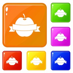 Apple with ribbon icons set collection vector 6 color isolated on white background