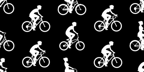 Seamless pattern with Women riding bicycles. isolated on black background