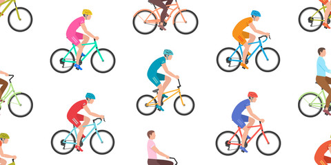 Seamless pattern with Men riding bicycles. isolated on white background