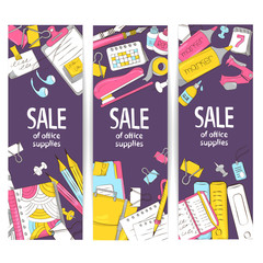 Set of banners from school and office supplies. Sale template or discount stationery for graphic design, web banners, printing. Vector illustration