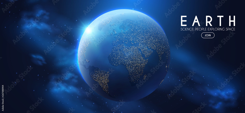 Sticker eath planet in space with lights. realistic universe. cosmos background.
