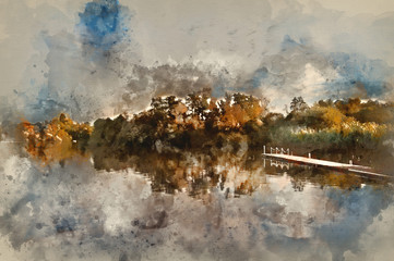 Watercolour painting of Beautiful sunset over Autumn Fall lake with crystal clear reflections