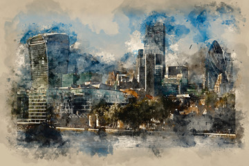 Watercolour painting of Landscape of City of London Iconic Landmark Buildings.