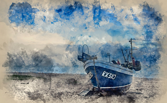 Watercolour painting of Fishing boat on beach in Hastings Sussex