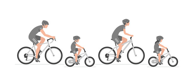 Obraz premium Happy family riding bicycle together. Group of people riding bikes. isolated on white background