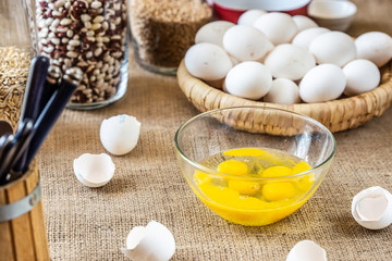 Broken eggs in a glass bowl.