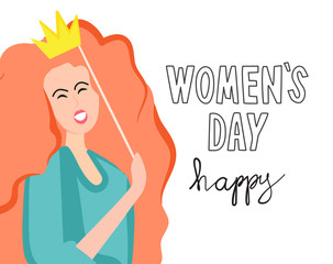 Postcard With the day of March 8 and a happy young girl with red hair trying on the crown of the Princess. Vector greeting template for banner, poster or flyer