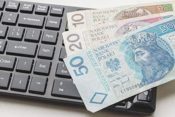 Concept: Different types of Polish money and keyboard