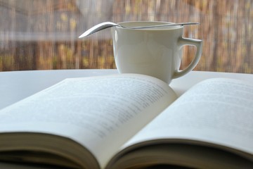 Opened book on the table with cup of coffee/tea. Intentionally blurred image, out of focus. 