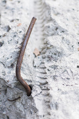 Rusty reinforcement in concrete. Destroyed old building construction.