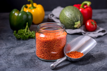 Red lentlis and vegetables for healthy vegan cooking, clean eating and healthy balanced diet ingredients