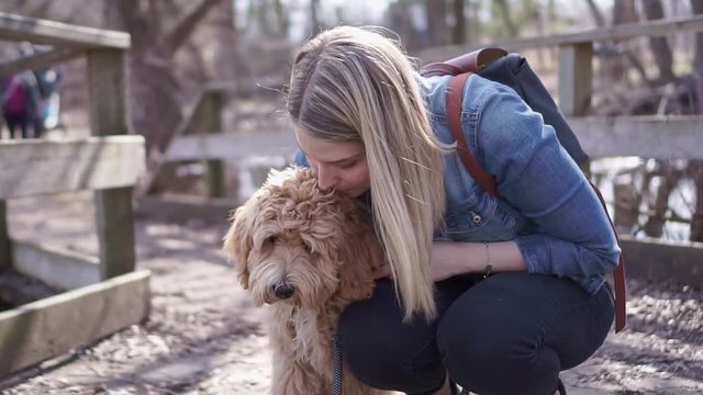 Happy Labradoodle Dog and woman outside at the park