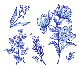 A set of decorative flowers in the Dutch style. Painted Delft, gzhel, china. - 267091784
