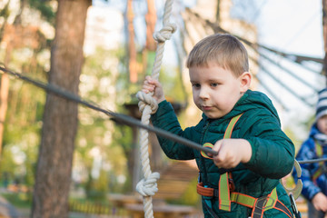 Little boy in a rope park. Active physical recreation of the child in the fresh air in the park. Training for children.
