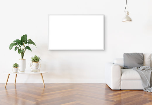 Frame hanging in bright white living room with plants and decorations mockup 3D rendering