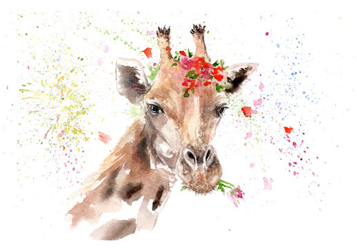 watercolor drawing of an animal - giraffe in flowers