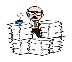 Tired From Lots of Works - Retro Cartoon Father Old Boss Vector Illustration