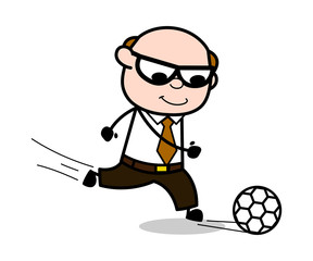 Playing Football - Retro Cartoon Father Old Boss Vector Illustration