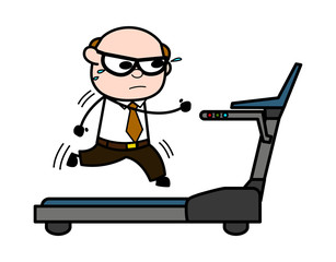Running on Treadmill - Retro Cartoon Father Old Boss Vector Illustration