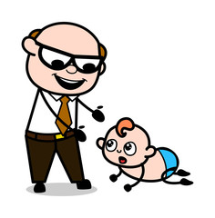Fototapeta premium Baby Playing with Father - Retro Cartoon Father Old Boss Vector Illustration