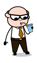 Drinking Energy Drink - Retro Cartoon Father Old Boss Vector Illustration