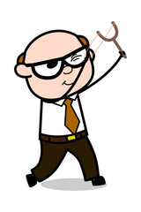 Targeting with Sling Shot - Retro Cartoon Father Old Boss Vector Illustration