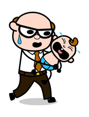 Trying to Keep Calm the Crying Baby - Retro Cartoon Father Old Boss Vector Illustration