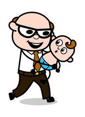 Playing with Baby - Retro Cartoon Father Old Boss Vector Illustration