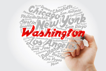 List of cities and towns in USA composed in love sign heart shape, word cloud collage with marker,...