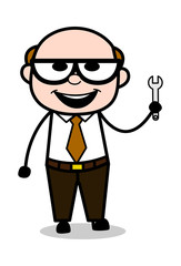 Showing a Wrench Tool - Retro Cartoon Father Old Boss Vector Illustration