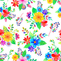 Fototapeta na wymiar Seamless pattern of flower bouquets on white. Hand-drawn watercolor illustration