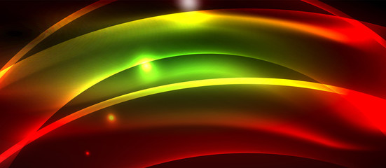 Glowing abstract wave on dark, shiny motion, magic space light. Techno abstract background