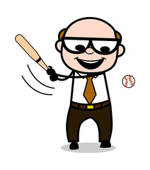 Playing Baseball - Retro Cartoon Father Old Boss Vector Illustration