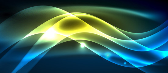 Glowing abstract wave on dark, shiny motion, magic space light. Techno abstract background