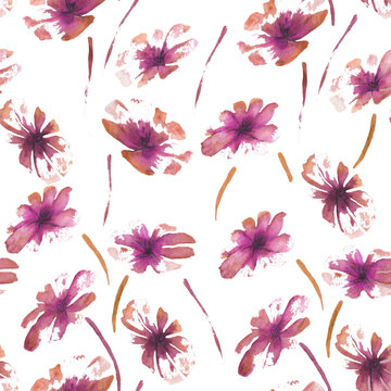 Seamless pattern watercolor illustration of flowers and flora on white background for print or design.
