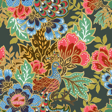 vintage seamless pattern gold outline with exotic traditional floral peacock bird pattern watercolor gouache