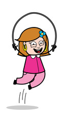 Playing with Skipping Rope - Retro Cartoon Female Housewife Mom Vector Illustration