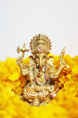 Gold Ganesha Statue god is the Lord of Success God of Hinduism on Marigold flowers Isolated on white background.