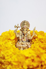 Gold Ganesha Statue god is the Lord of Success God of Hinduism on Marigold flowers Isolated on white background.