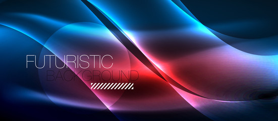 Glowing abstract wave on dark, shiny motion, magic space light. Techno abstract background