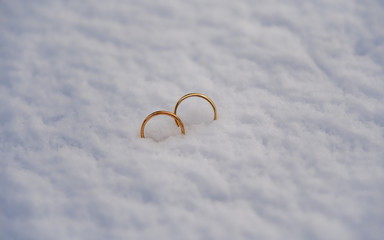 Obraz na płótnie Canvas Two gold wedding rings placed in the fresh snow.