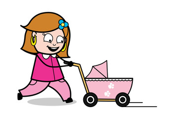 Walking with Baby Trolley - Retro Cartoon Female Housewife Mom Vector Illustration