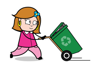 Running with Dustbin - Retro Cartoon Female Housewife Mom Vector Illustration